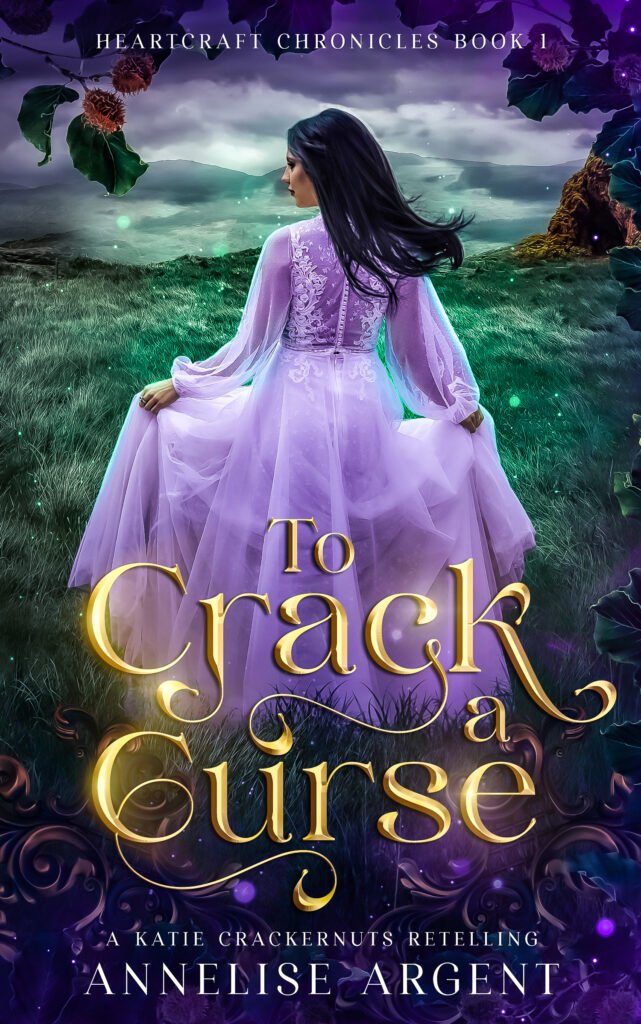 Book Cover for To Crack A Curse by Annelise Argent, a girl in a gauzy purple ballgown runs towards a green field with a magical cave and looks back over her shoulder